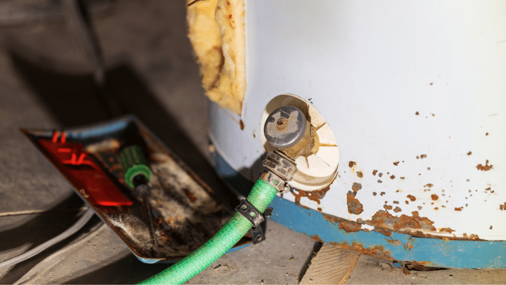 An old water heater with chipped paint and rust at the bottom.