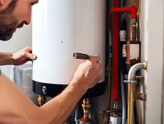 A man repairs a water heater in a residential setting, focused on ensuring proper functionality and safety.