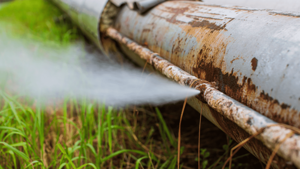 A gas pipe with a puncture where gas is expelling from it.