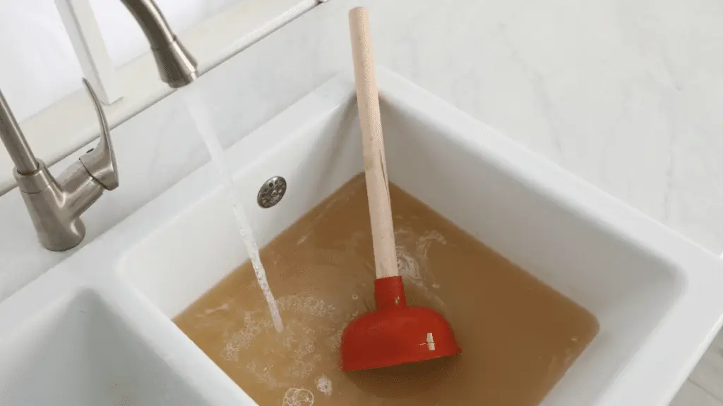 A plunger sits in a pool of dirty water in a clogged sink.