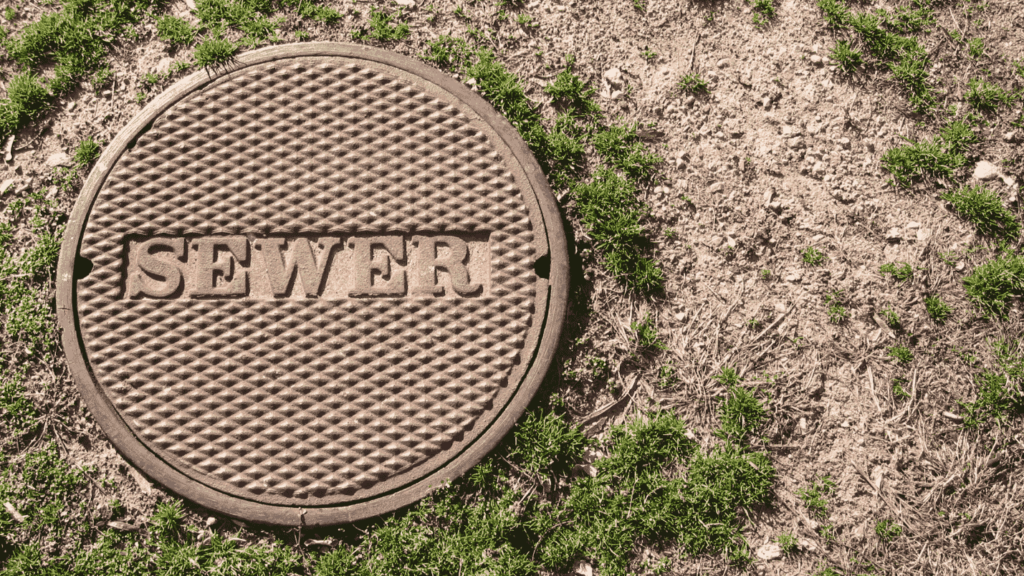 On grassy ground a sewer manhole cover with the word “sewer” on it.