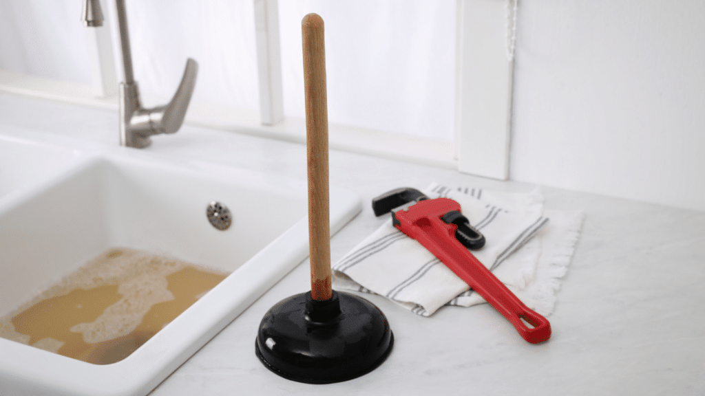 A sink is filled with dirty water, on the counter there is a plunger and wrench.