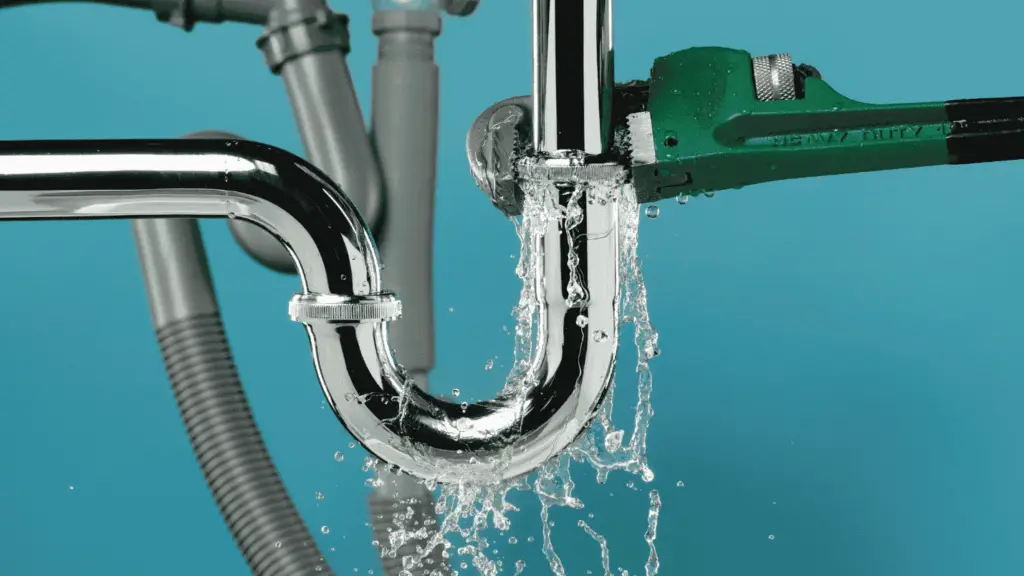 A sink pipe rapidly leaking water while a wrench fixes it.